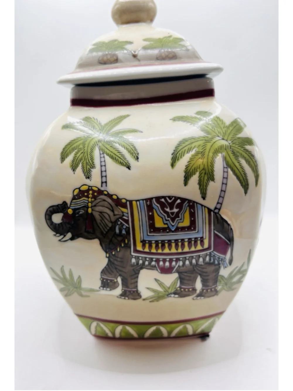 Vintage Chinese Elephant Palm Hand Painted Asian Artistic Canister Urn Vase